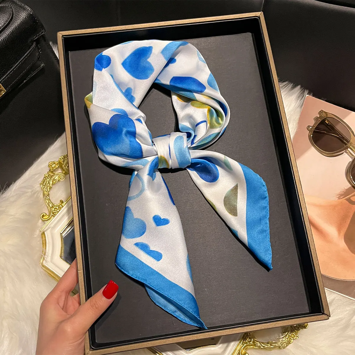 New Love Print 70*70cm Silk Satin Hair Scarf Women Handkerchief Printed Female Square Head Bandana Small Neck Muffler Hijab Lady