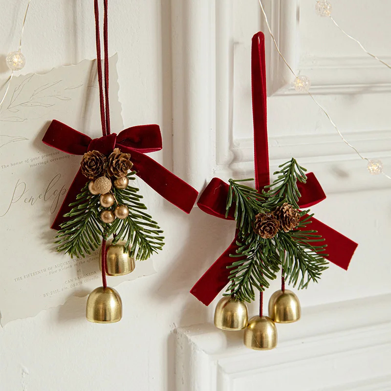 Christmas Jingle Bell Hanger with Velvet Bow and Pine Cones Xmas Tree Pendant 2025 Christmas Home Door Decoration New Year Gifts