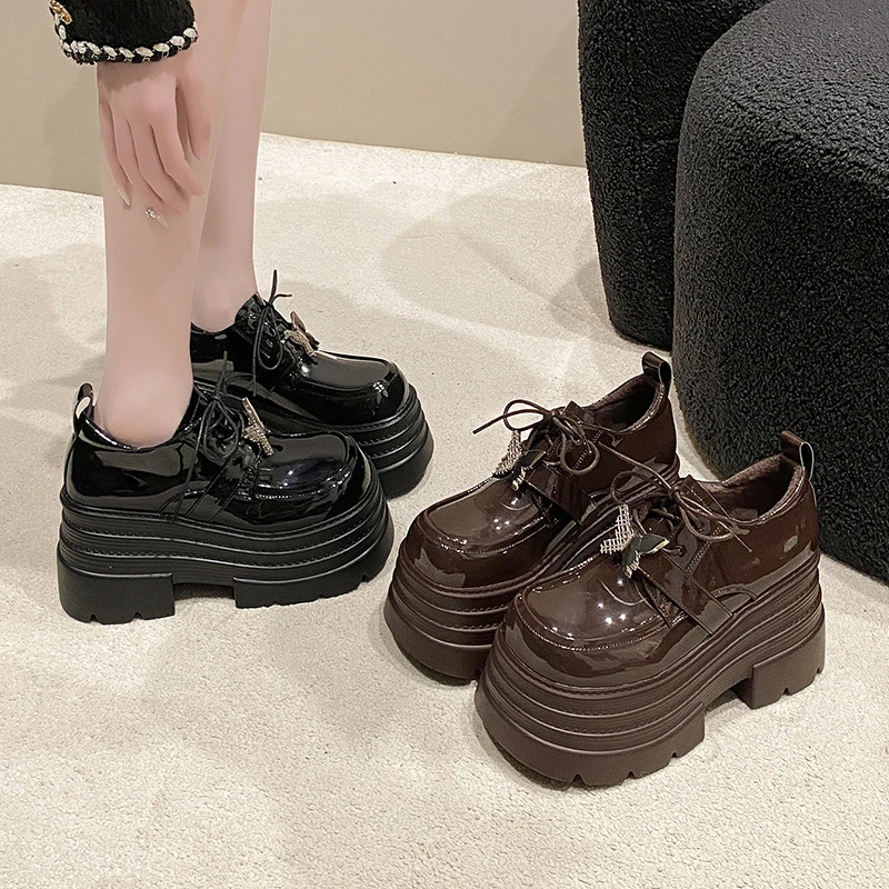 Aphixta 10cm Super High Women Autumn Boots Butterfly Lace Up Fashion Women Shoes Thick Botton Sole Boot Patent Leather Footwear