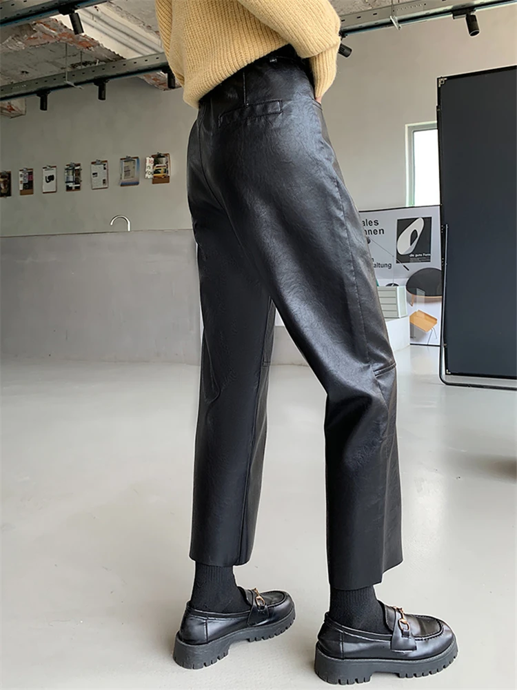 

Autumn Winter PU Faux Leather Women's Wide Leg Pants High Waist Female Casual Loose Ankle Length Trousers 2023 New