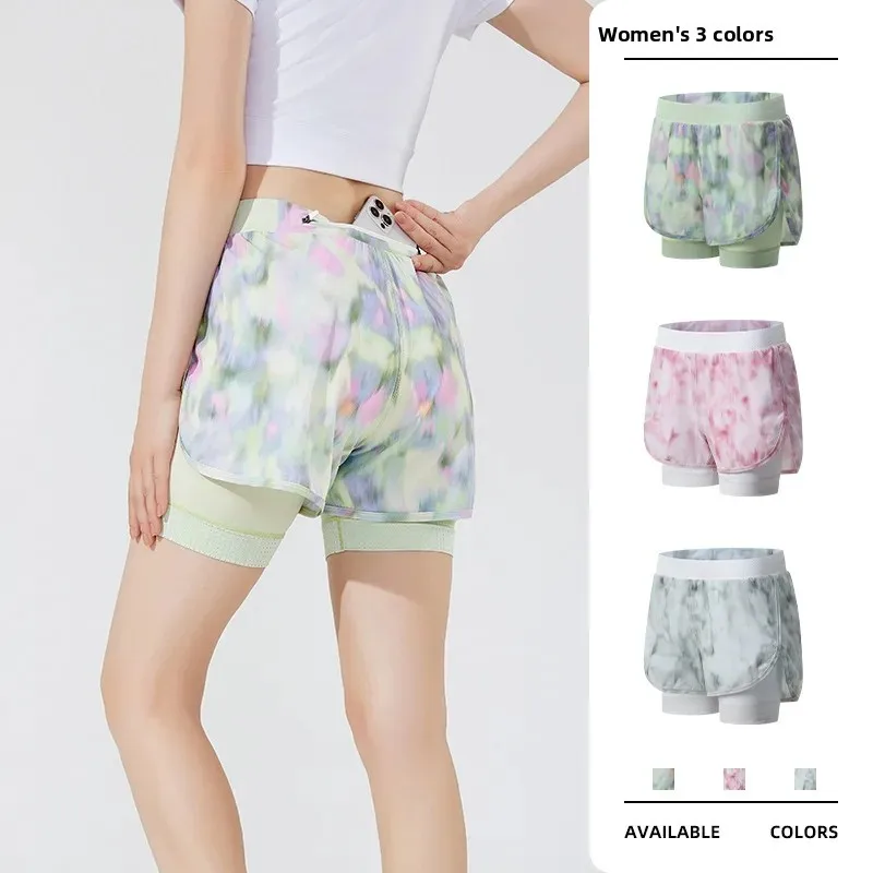 New Colorful Print Summer Women's Sports Cool Feeling Yoga High Waist Shorts Fake Two-Piece Running Shorts Breathable Comfortabl