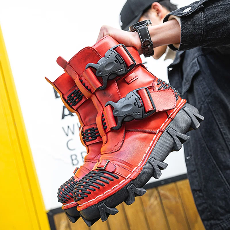 Men's Genuine Leather Motorcycle Boots Skull Gothic Punk Western Cowboy Boots Combat Mid-calf Safety Work Shoes Winter mens leather boots,motorcycle leather boots
