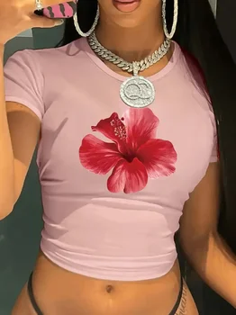 Y2k 2000s Floral Red Flower Crop Top Vest Women's Print Round Neck Sleeveless Shirt Cropped T-shirt Sexy 1