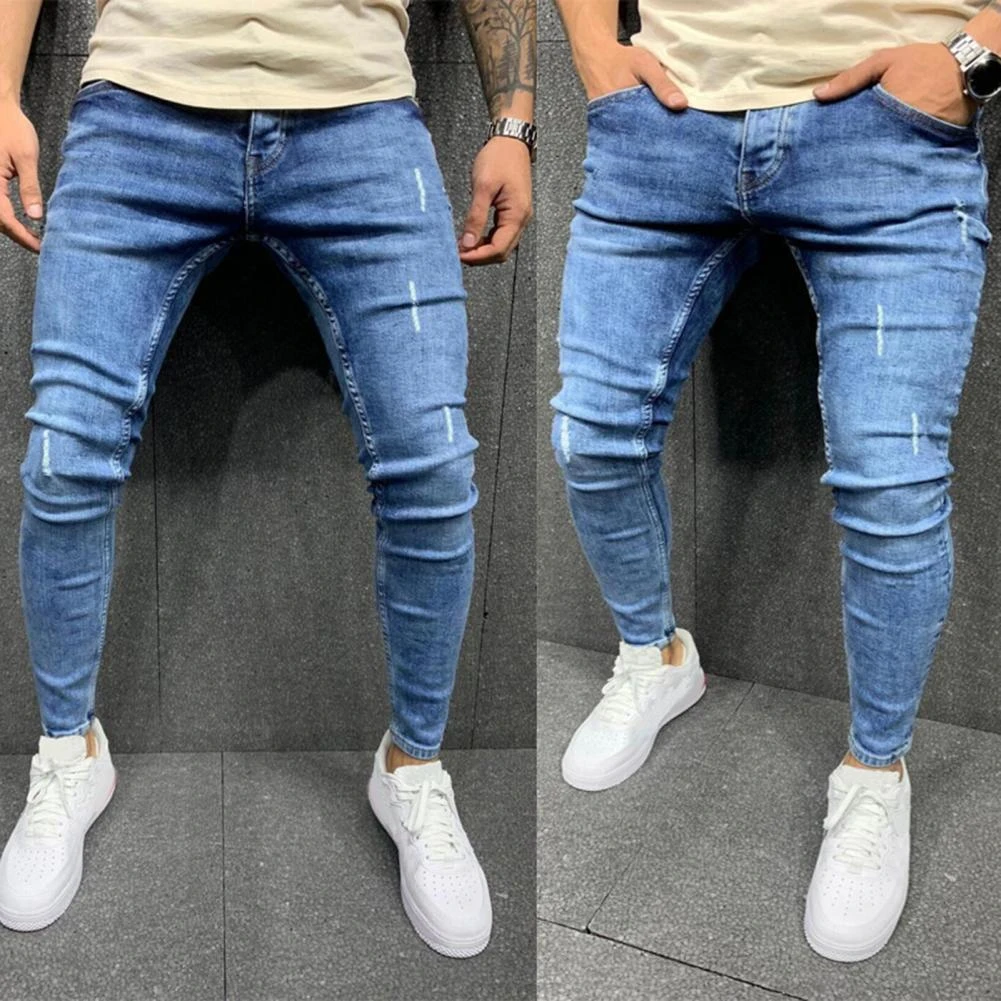 Pantalones ajustados para hombre, pantalón vaquero fruncido, informal, Jogging, ropa de calle para gimnasio|Pantalones vaqueros| - AliExpress