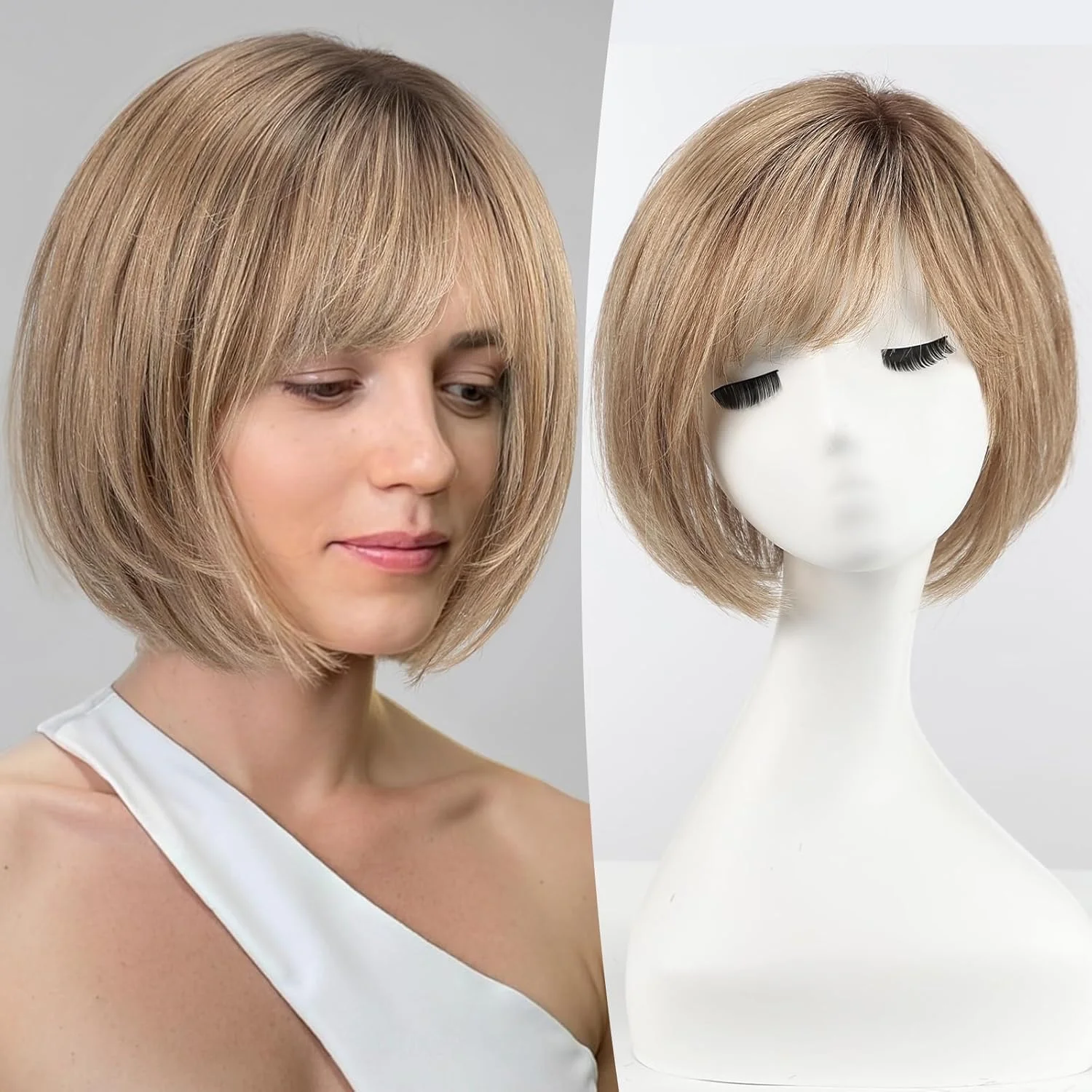 Human Hair Topper with Side Bangs 10 Inch Lightweight Clip-In Hairpiece 10 Inch Hair Topper for Women Real Human Hair 6.5x6.5 inch  main image 4