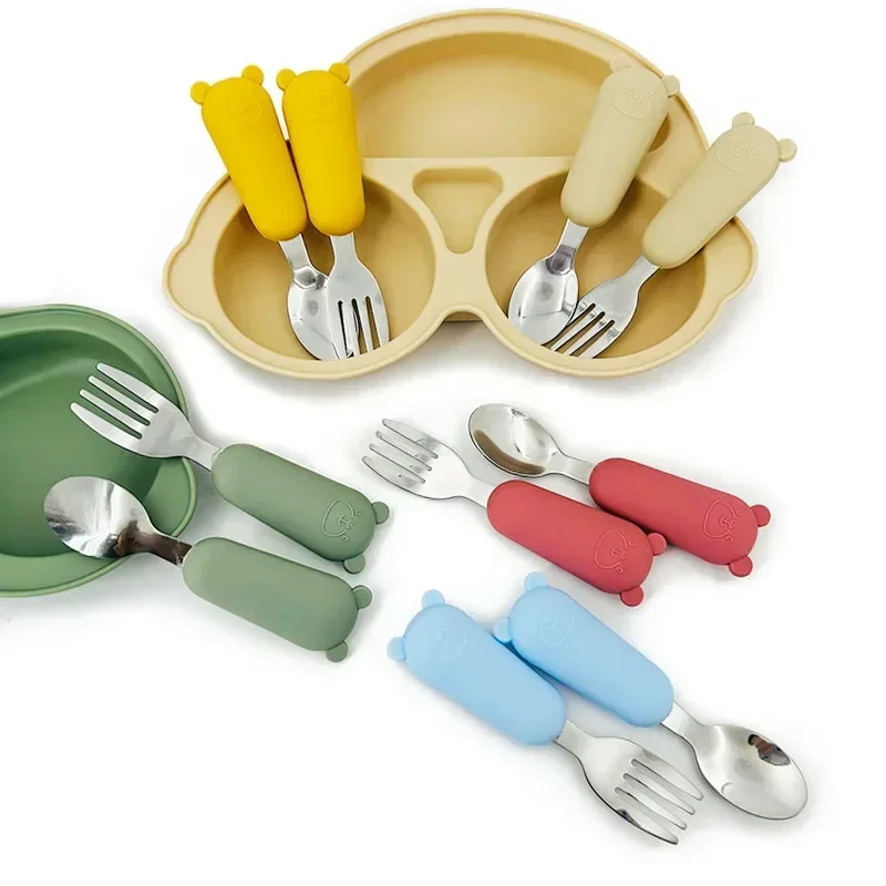 Baby Gadgets Tableware Set Children Utensil Stainless Steel Toddler Dinnerware Cutlery Cartoon Infant Food Feeding Spoon Fork