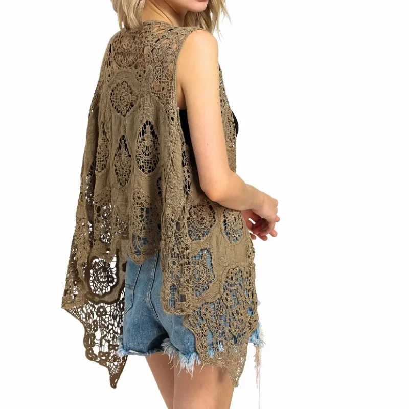 2023 NewSummer Thin Coat Sleeveless Lace Cardigan Shawl Beach Suit Sun Protection Clothing Women's Hollow Air Conditioning Shirt