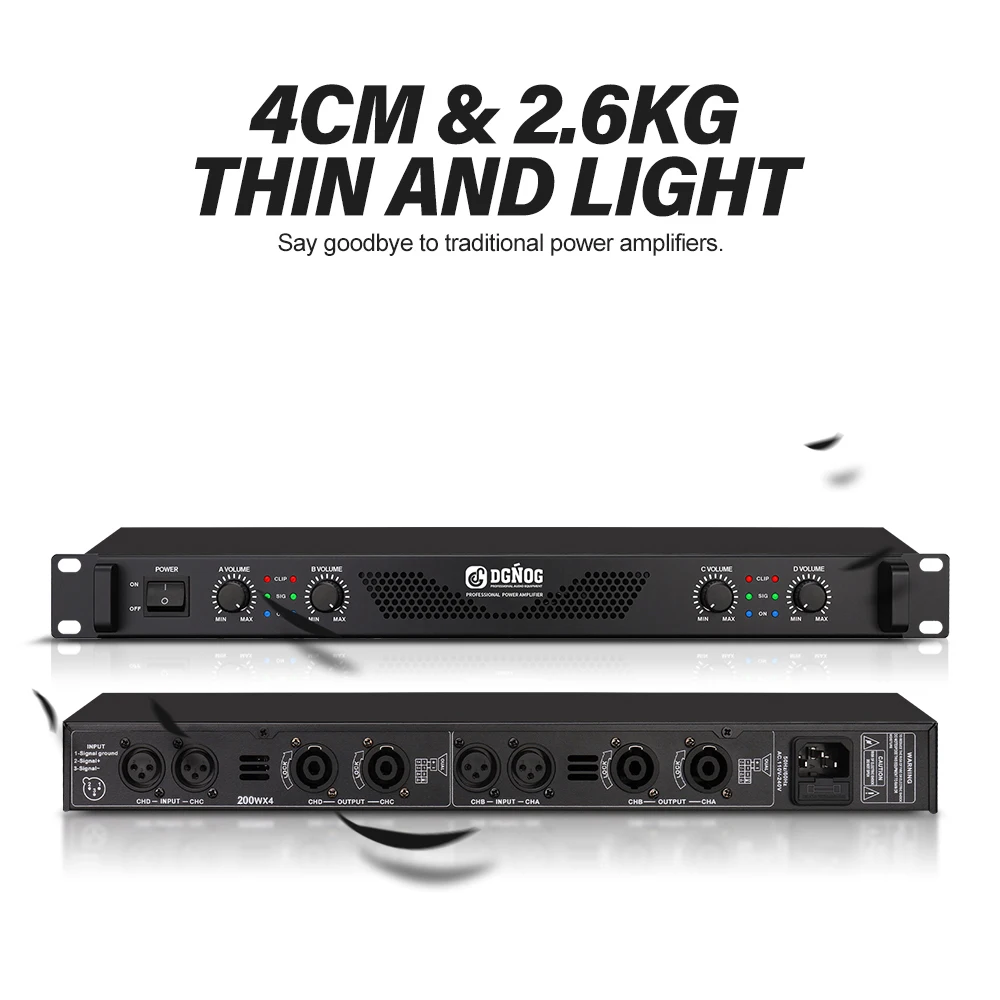 DJ Power Amplifier 4 Channel Lightweight Amplifier 1U 8 Ohm 100W 4 Ohm 200W Suitable for Small Stage Performance Karaoke DGNOG 6