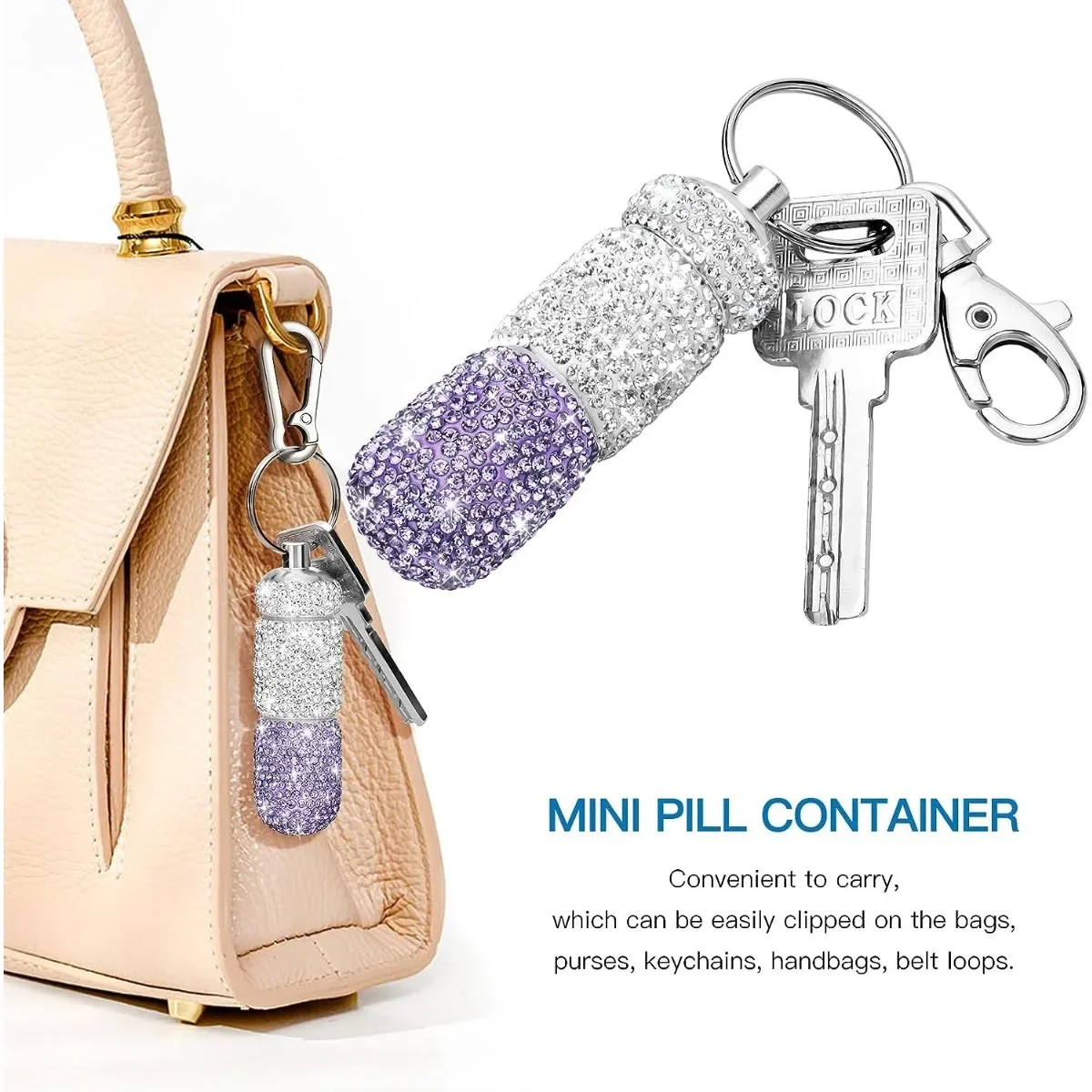 Bling Keychain Pill Box 2 Compartments Small Travel Pill Case Organizer Crystal Diamond Medicine Bottle Pill Bottle Keychain
