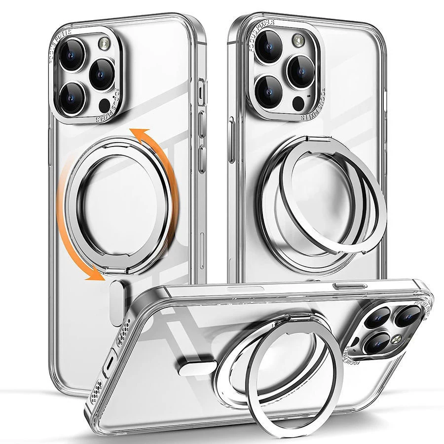 Magnetic 360° Rotation Stand Phone Case with Ring Holder - Frosted Transparent Matte Finish