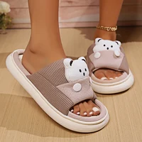 Cute Cartoon Bear Home Slippers Women 2024 Winter Comfort Soft Sole Linen Slippers Woman Non Slip Flat Heels House Shoes Slides 1
