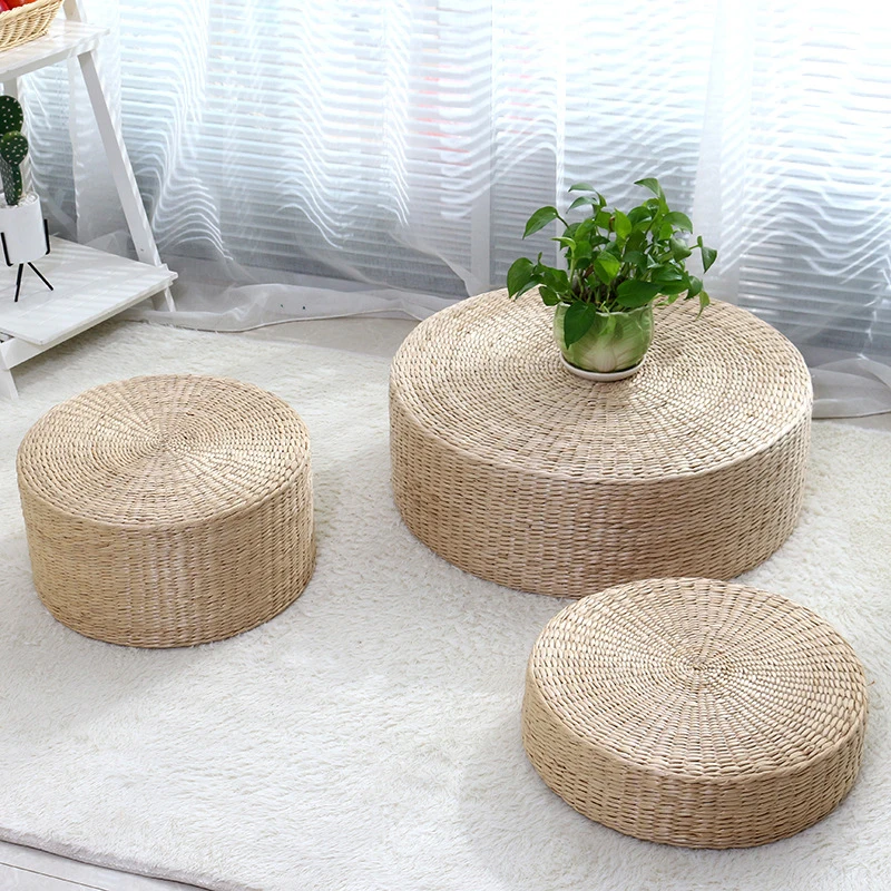 Hot 30cm*30cm Handmade Woven Natural Straw Round Pouf Tatami Cushion Floor Japanese Style Cushion Home Textile 6