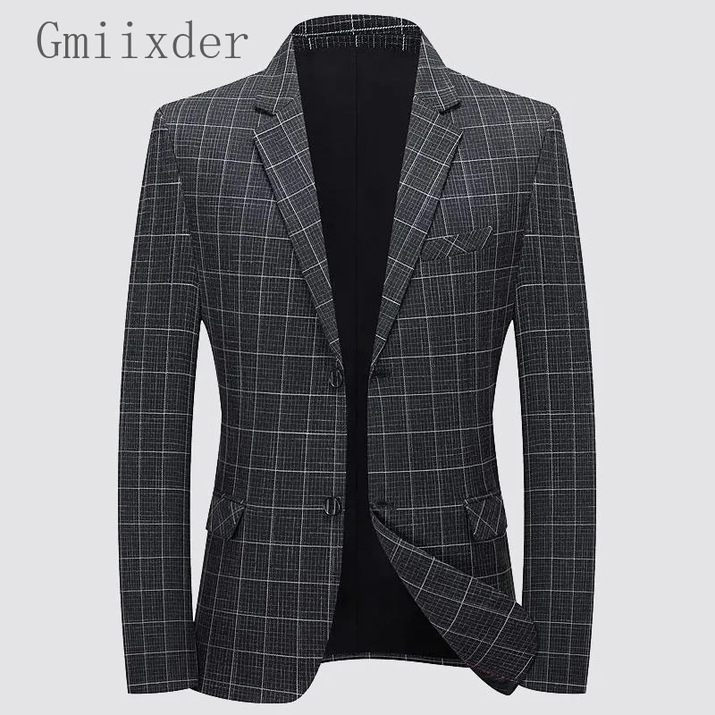 Gmiixder Spring Autumn Blazer New Men's Business Casual Suit Versatile Male Single West Convenience Checkered Suit Coat