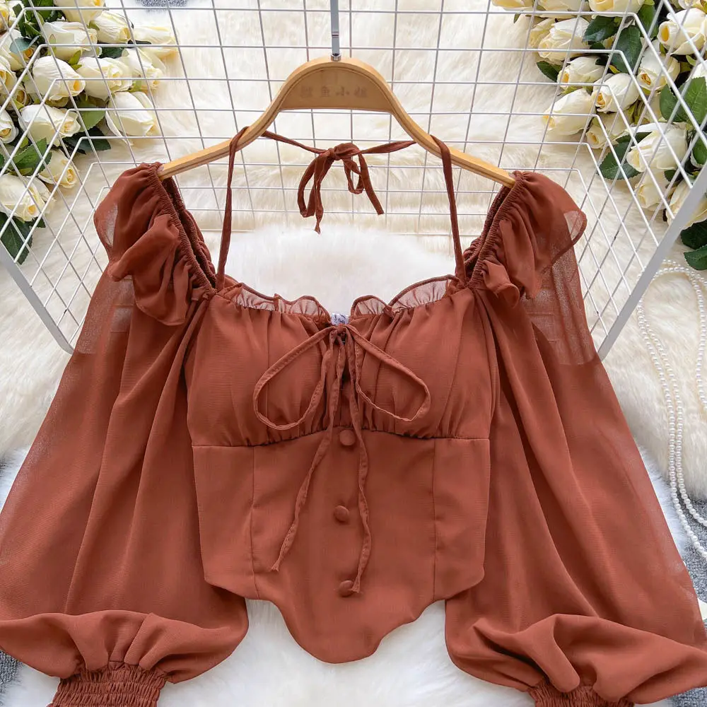 White Blouses Women Aesthetic Solid All-match Vintage Casual Ladies Tops Slim Schoolgirls Spring Bandage Lantern Sleeve Clothing