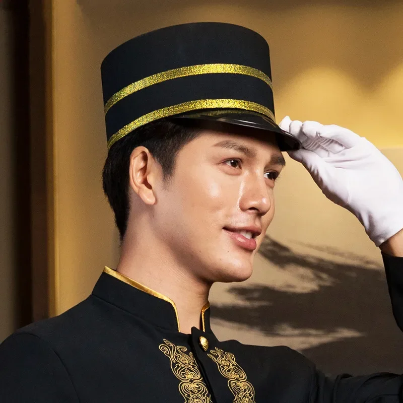 

Black Etiquette Security Guard Hat For Adults Hotel Restaurant Doorman Waiter Accessories Gold Stripe Music Team Cap