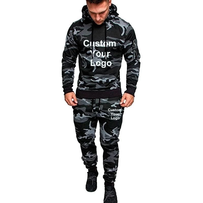 Men Custom Logo 2 Pieces Tracksuit Casual Hoodies Sweatshirts + Sweatpants Jogging Training Sportswear Streetwear Suit Jacket