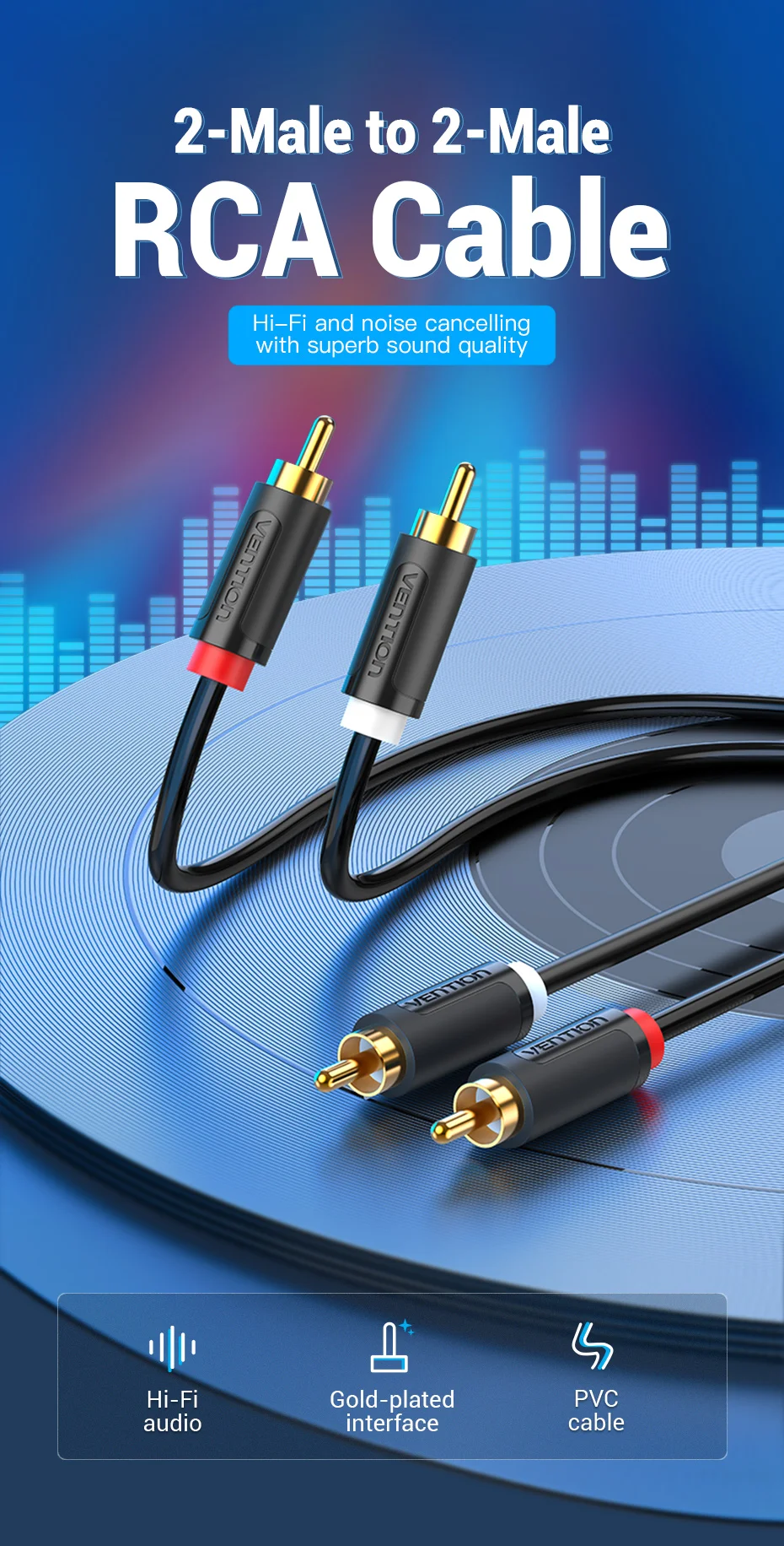 2 RCA to 2 RCA Cable Male to Male Audio Aux Cable for HDTV Home Theater DVD Ampl