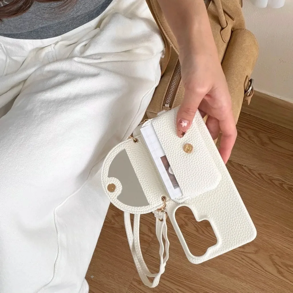 Crossbody Lanyard Phone Case with Mirror Zipper Card Holder and Shockproof Cover