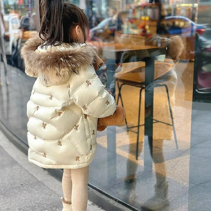 Winter Warm Girls Embroidery Long Cotton Lined Faux Fur Hood Zip