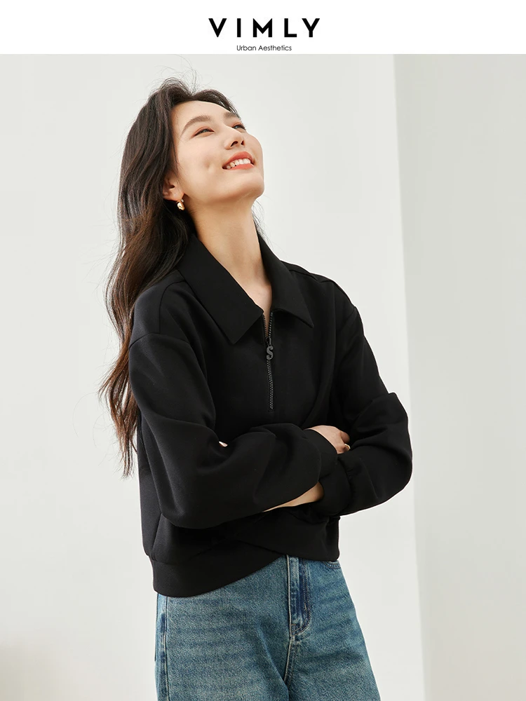 Vimly Black Crop Sweatshirt Women 2024 Spring New Casual Fashion Half Zipper Lapel Pullover Female Long Sleeve Top Woman M5795