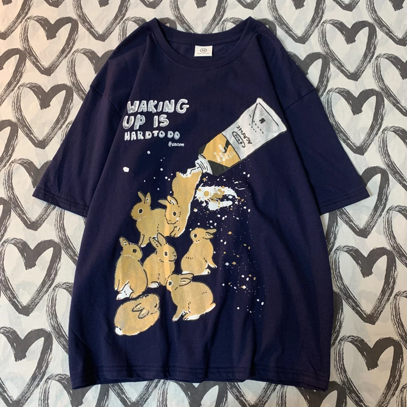Amerikanisches Retro-Kaninchen-Druck-Kurzarm-T-Shirt für Damen und Herren im Harajuku-Lazy-Style, reine Baumwolle, vielseitiges Rundhals-T-Shirt – Detail 9
