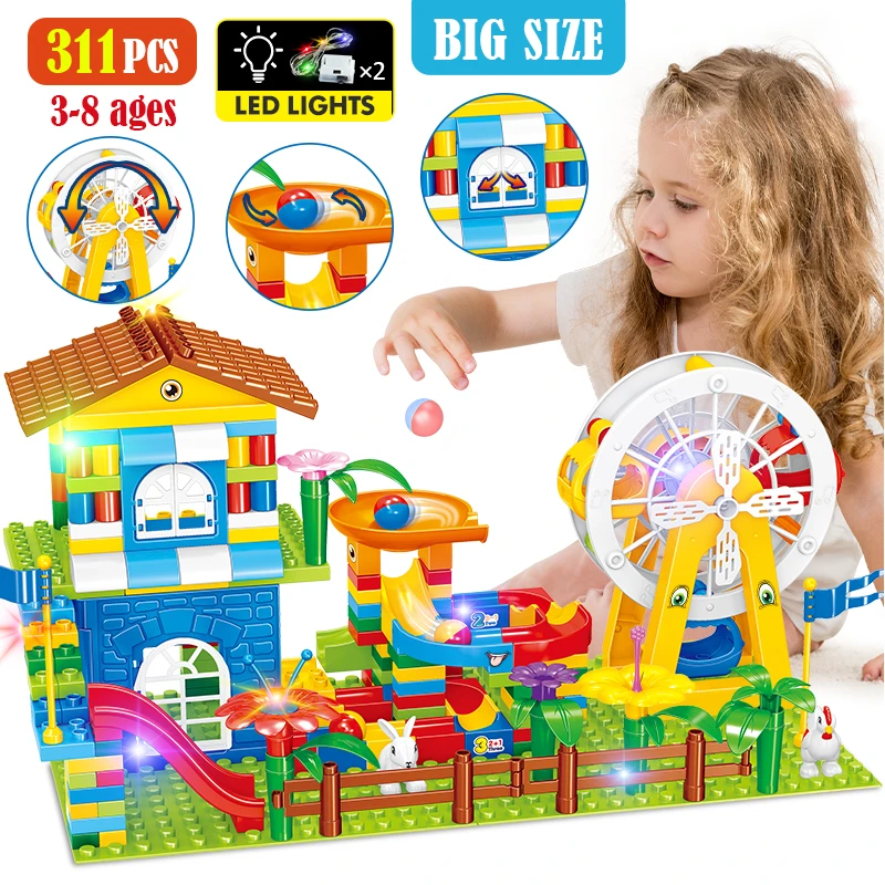 311PCS Big Size Marble Race Run Particle Scenes LED Light Slide Funnel House Ferris Wheel Building Blocks City Brick Toy For Kid wood blocks for crafts