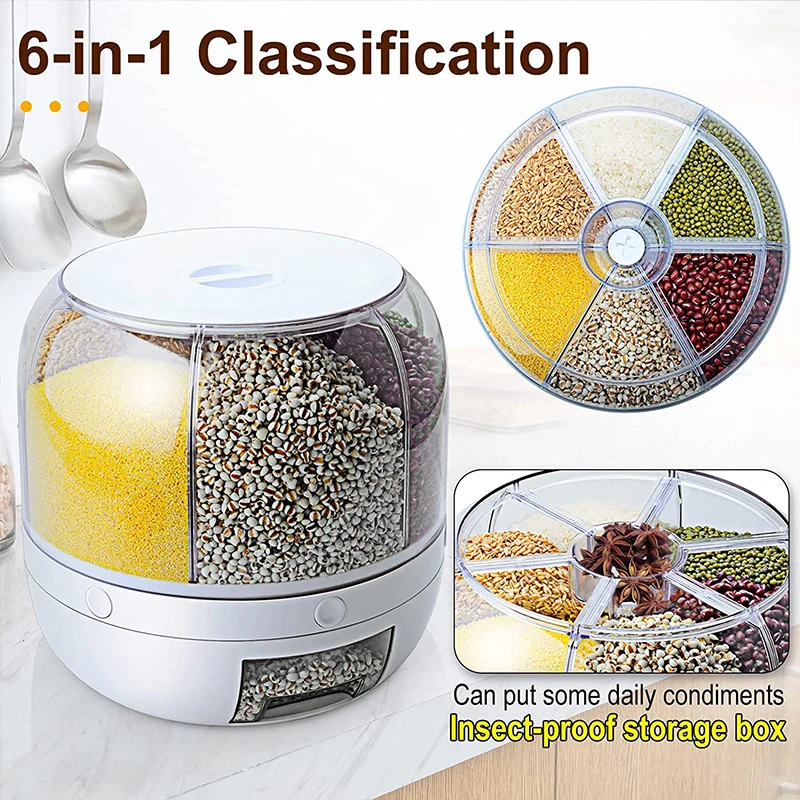 

360° Rotate Whole Grain Storage Plastic Pet Food Sealed Dry Cereal Bucket Detailed Division Design Rice Dispenser Kitchen