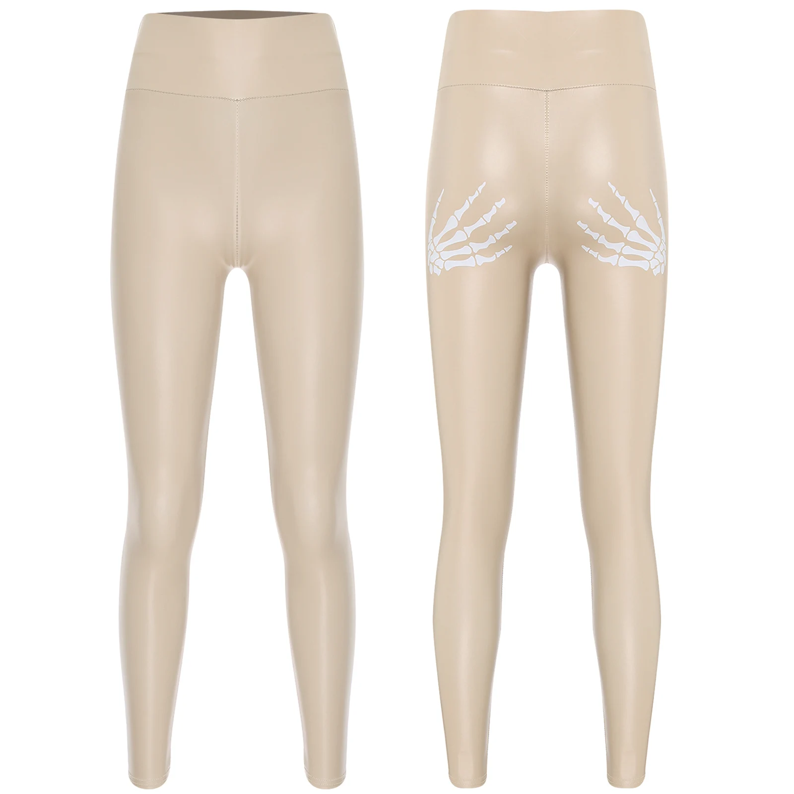 thumbnail image 1 of Pantalones de cintura alta con estampado de mano de esqueleto para mujer, mallas elásticas de piel sintética, ropa para discoteca y discoteca, pantalones de cuero con Control de barriga, 1 of 5