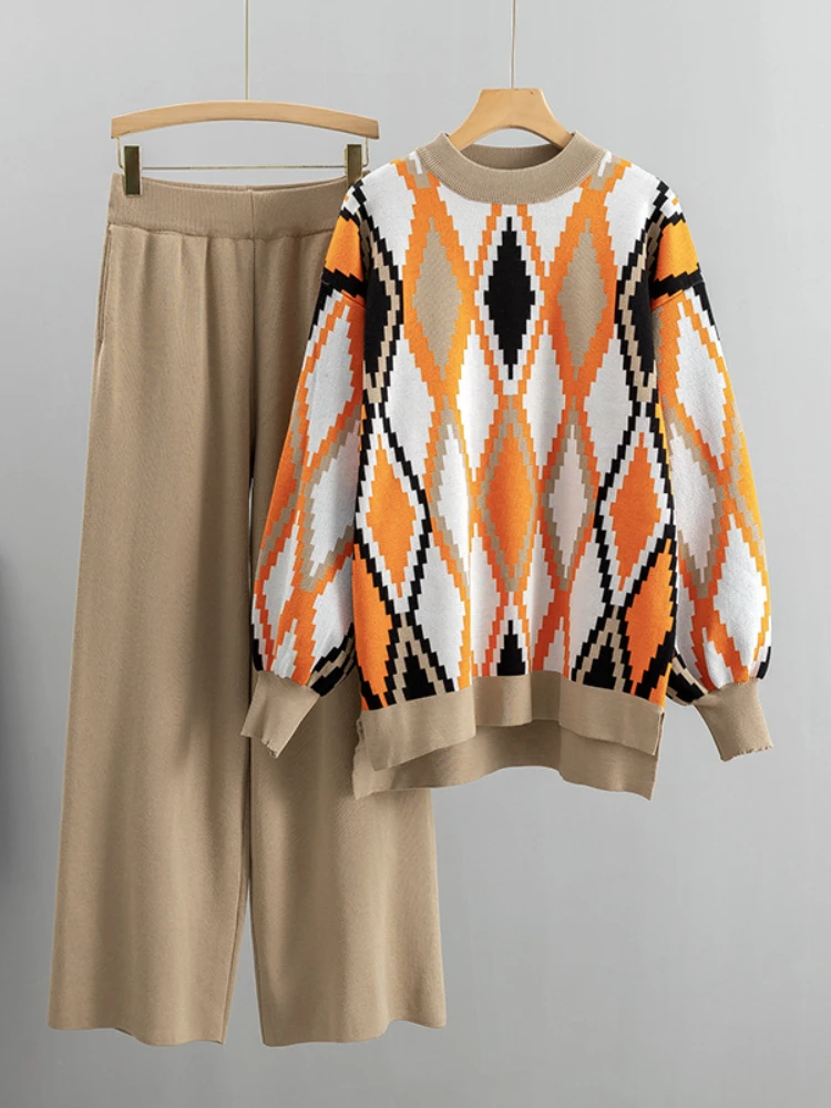 

Ladies 2-piece Set Outfits 2023 Autumn/Winter Korea Fashion Suit Round Neck Knit Set Loose Wide-leg Pants Sports Suit Streetwear