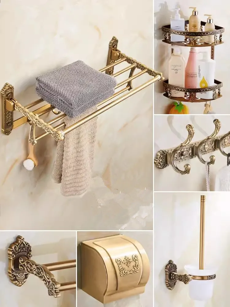Antique Bronze Carved Bathroom Accessories Aluminum Bath Hardware Bathroom Shelf Towel Rack Paper holder Toilet Brush Holder