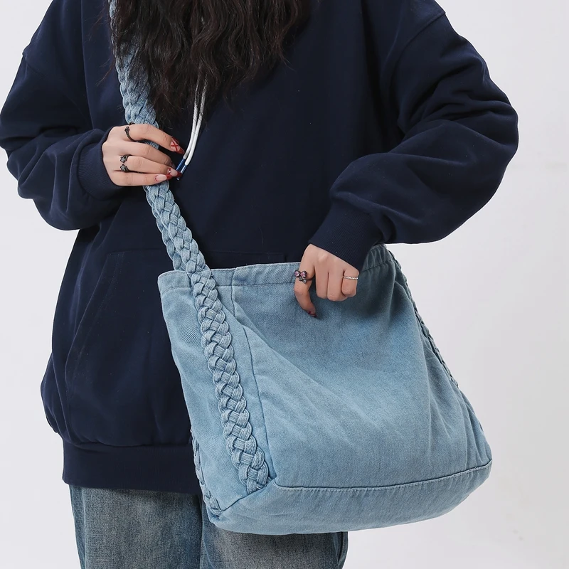 

Blue Denim Shoulder Bags 100% Cotton Casual Totes High Quality Cloth Packages Large Capacity Korea Crossbody Bags Canvas Satchel