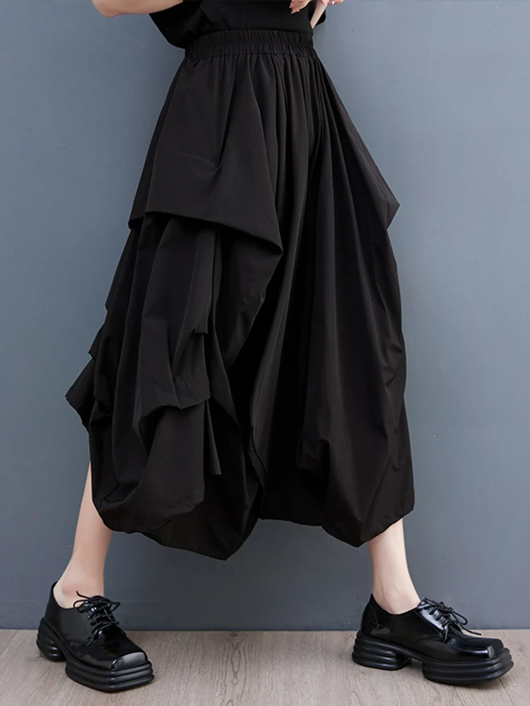 2025 Spring Summer Black Vintage High Elastic Waist Draped Wide Leg Pants Women Loose Casual Pocket Fashion Ladies Trousers