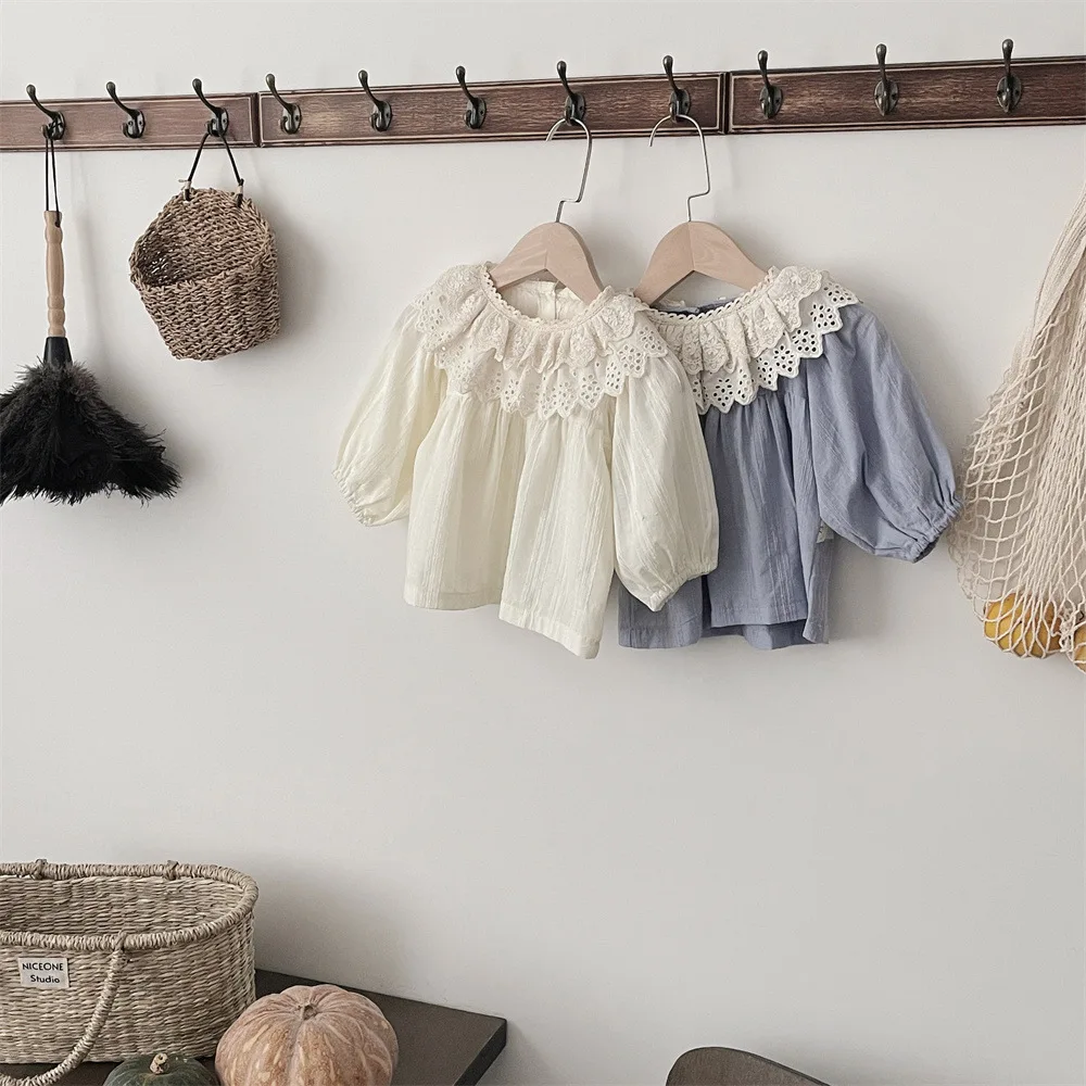 Description Picture 5 of item2025 Spring New Baby Girls Long Sleeve Lace Collar Tops Cotton Infant Toddler Solid Princess Bottoming Shirt Baby Clothes