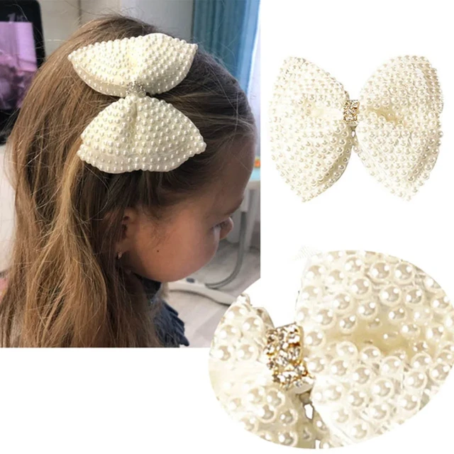 White Pearl Hair Bows With Hair Clips For Girls Kids Boutique Layers Bling  Rhinestone Center Bows