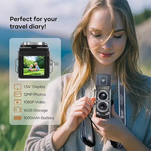 CHUZHAO Mini 1.54in Retro Digital Camera Portable Vintage Camera with 16GB 12MP Photos Autofocus 1080P FHD Video 1000mAh Battery 4