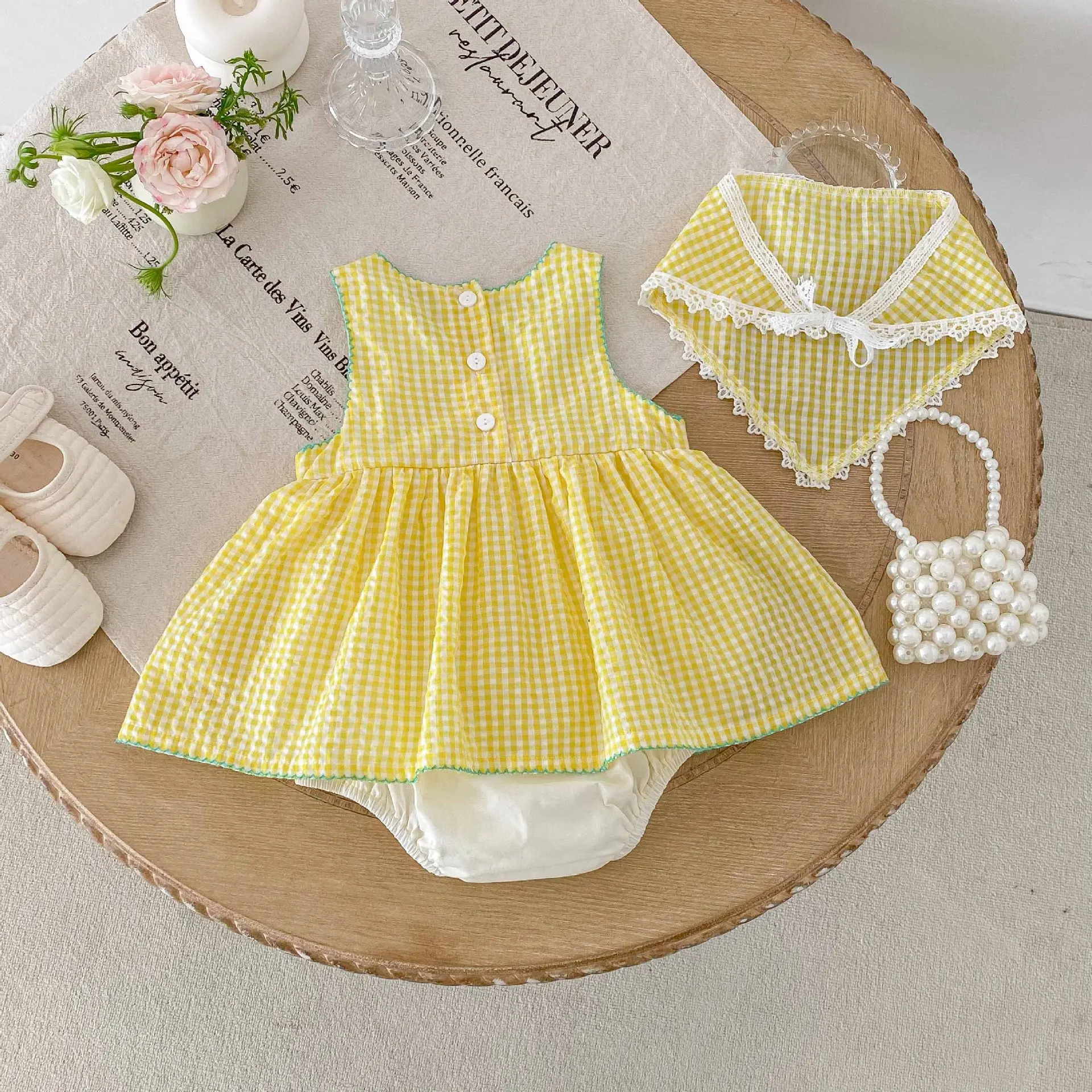 Cotton Baby Girl Summer Onesie with Yellow Plaid and Duck Patterns