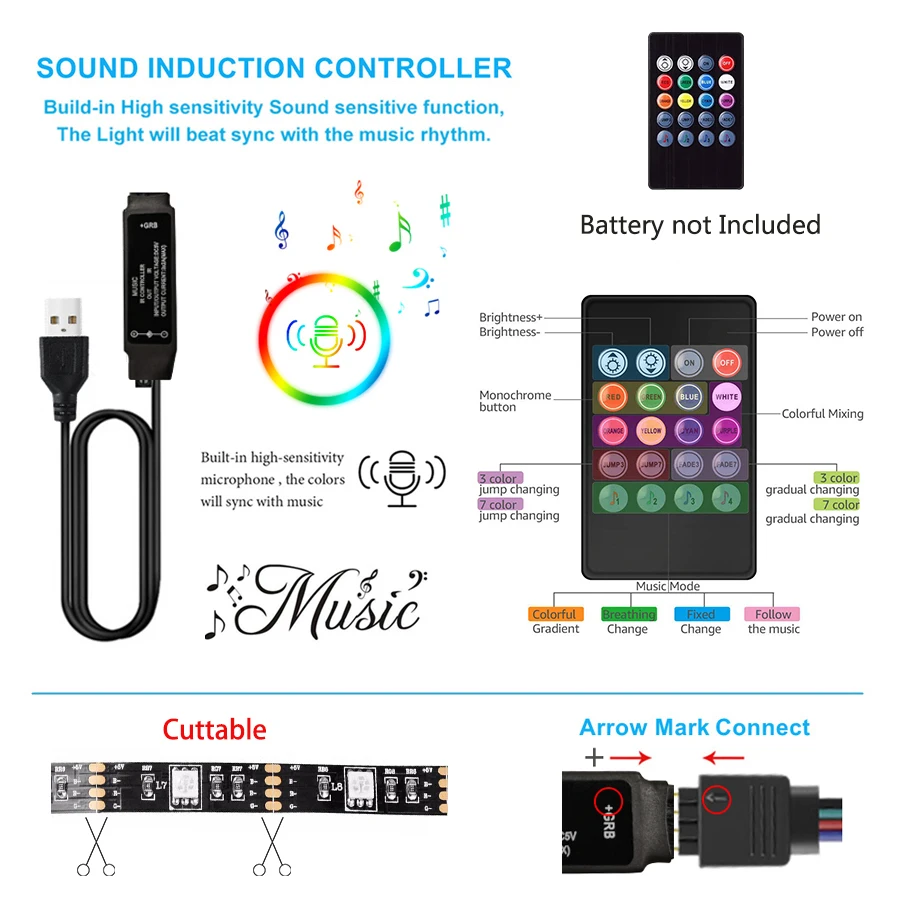 NOWYEY LED Strip 5V 5050 RGB USB Flexible Ribbon With Sound Sensor With 24 Keys Remote Control For TV Background Lighting 2