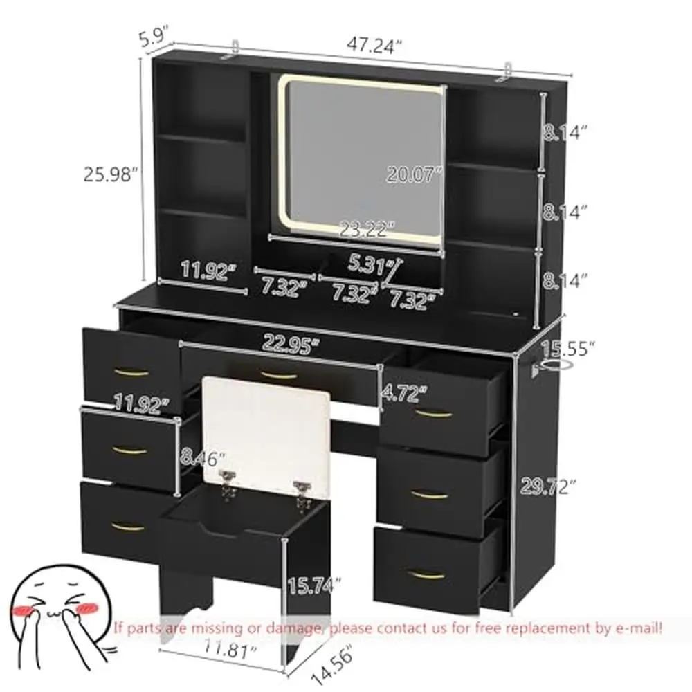 Large Black LED Vanity Desk Set with Mirror 7 Drawers Stool Power Outlet Hair Dryer Rack Modern Makeup Table Bedroom Ideal Gift