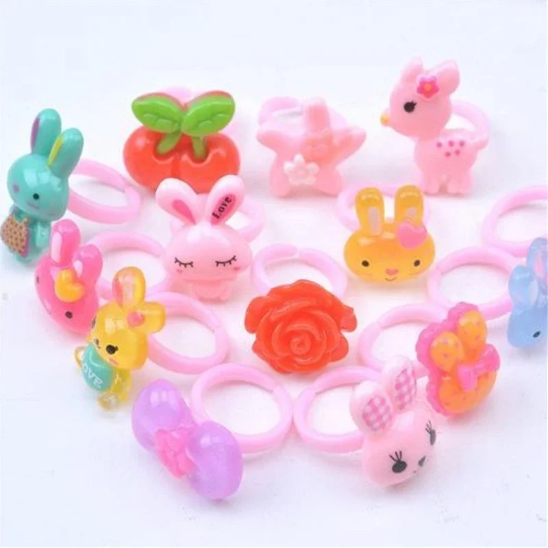10pcs Children's Cartoon Rings Candy Flower Animal Bow Shape Ring Set Mix Finger Jewellery Rings Kid Girls Toys Dress up