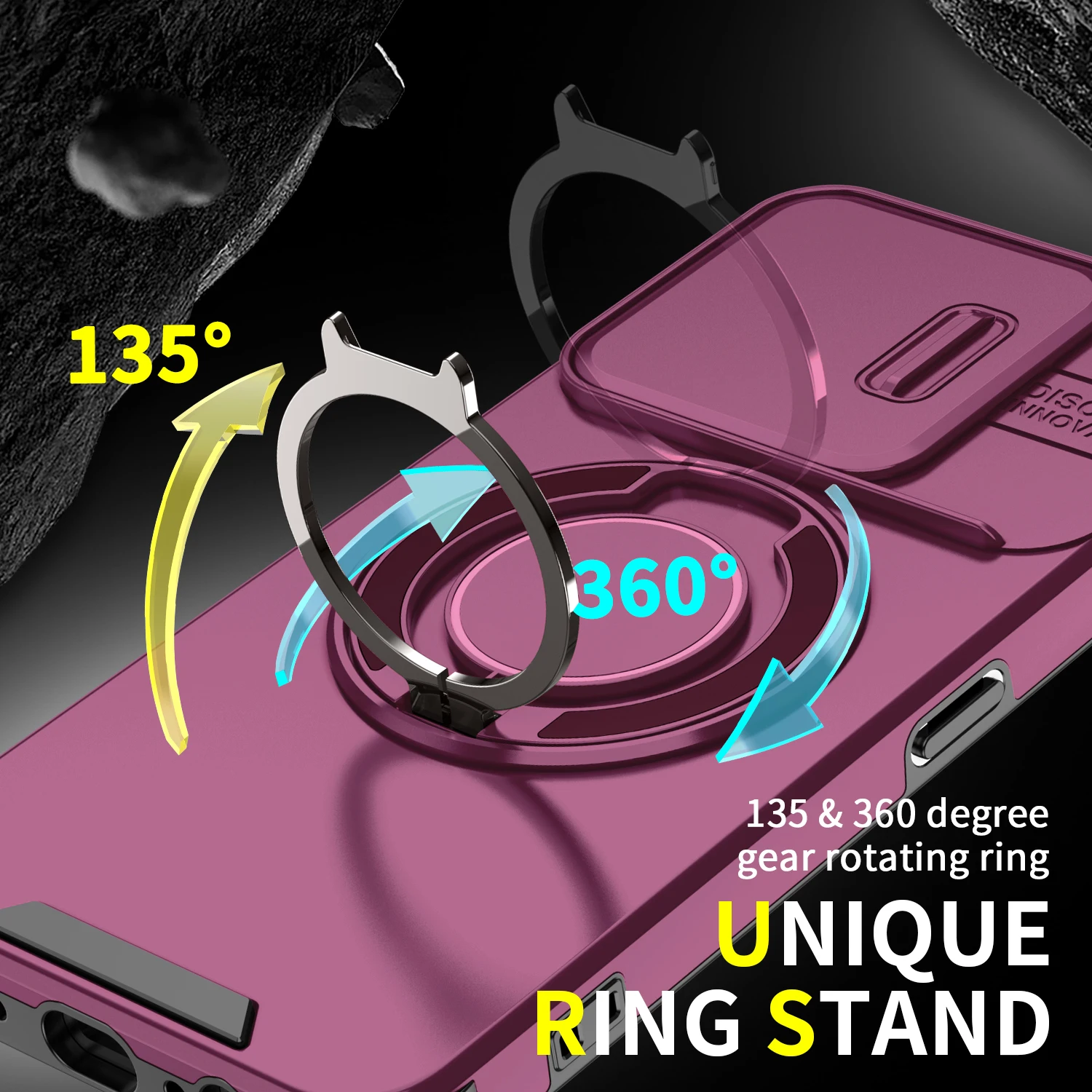 Magnetic Metal Ring Stand Armor Case with Slide Window Lens Protection
