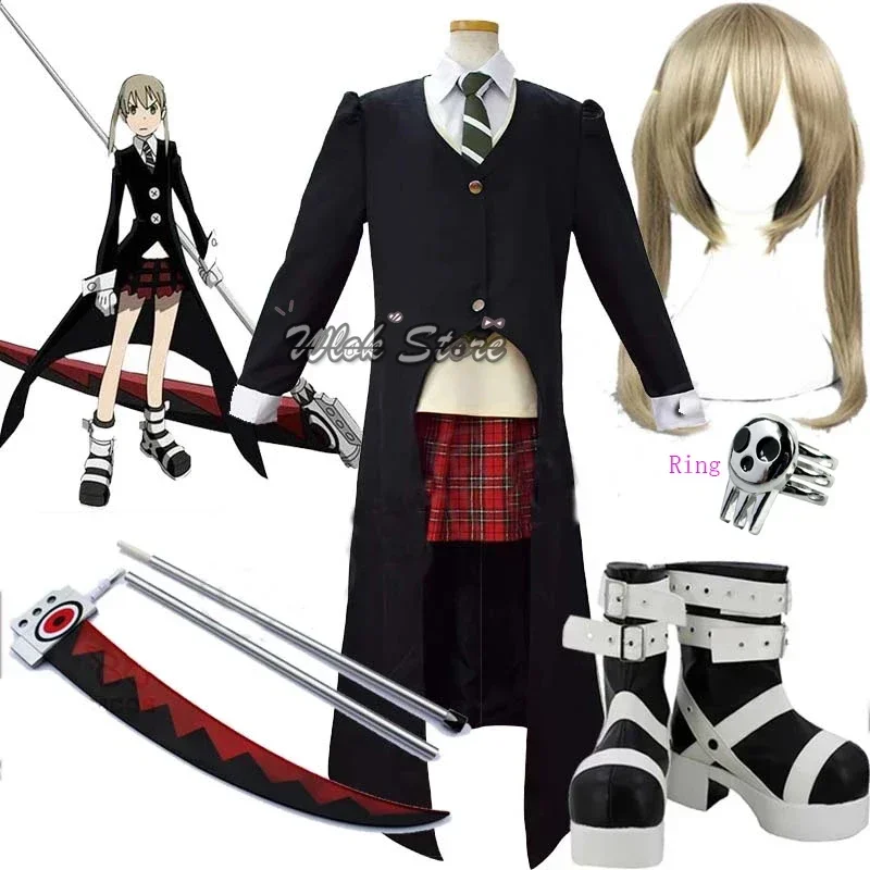 Anime Soul Eater Maka Albarn Costumi Cosplay Per Le Donne Ragazze Gonna Set Trench Uniforme Maka Albarn Cosplay Stivali Da Festa Scarpe Parrucca
