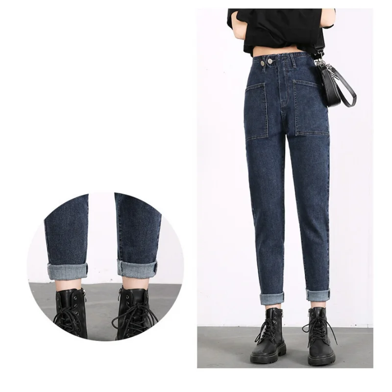 2023 Women Stretch Jeans High-waist Pocket Slim Lady Casual Pants Cozy Oversize Jeans Trousers Vintage Washed Denim Harem Pants