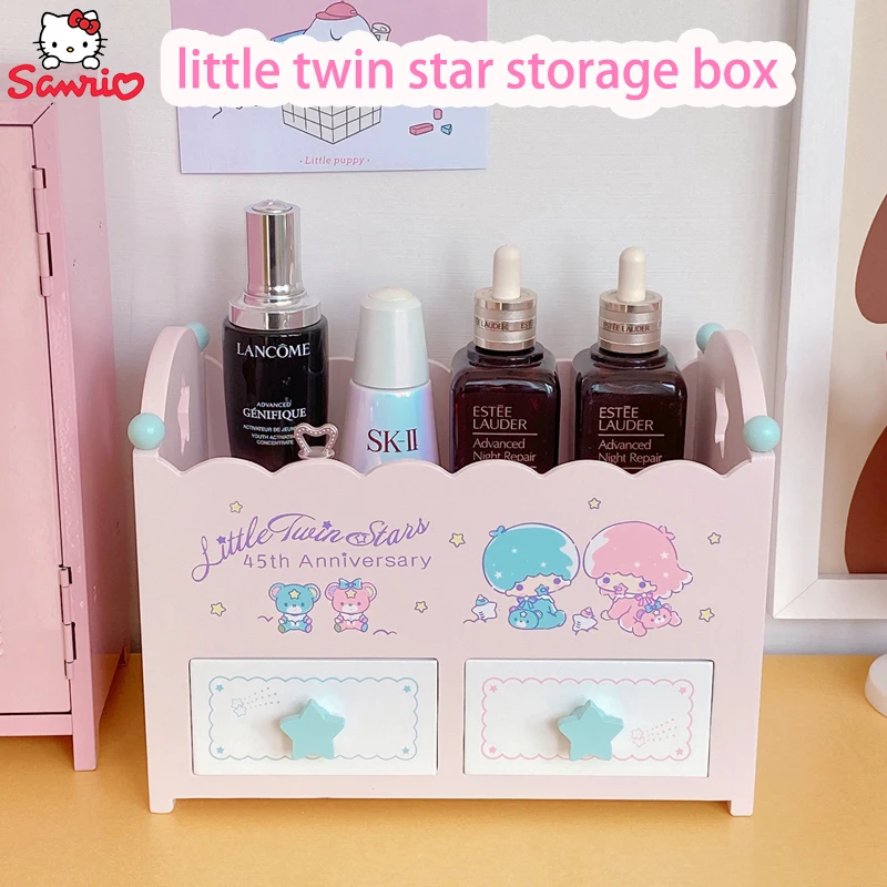 

Новинка, бокс для хранения Sanrio с маленькой двойной звездой, настольная деревянная шкатулка для украшений в кроватку, аккуратная косметическая коробка большой емкости, модный подарок для девушки