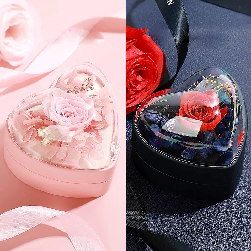 Romantic Valentine's Day Gift Box Acrylic Heart Eternal Flower Gift Box Ring Locket Storage Box Jewelry Boxes and Packaging jewelry box eternal real flower preserved rose valentine s anniversary glass decorations crystal gifts box wedding ring box