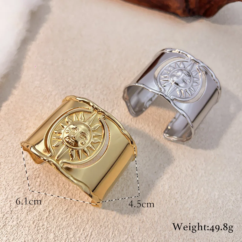 Stainless Steel Gold Plated Wrist Cuff Bangle Bracelet for Women Sun Pattern Texture Trendy Jewelry Party Gift Wide Bangles New