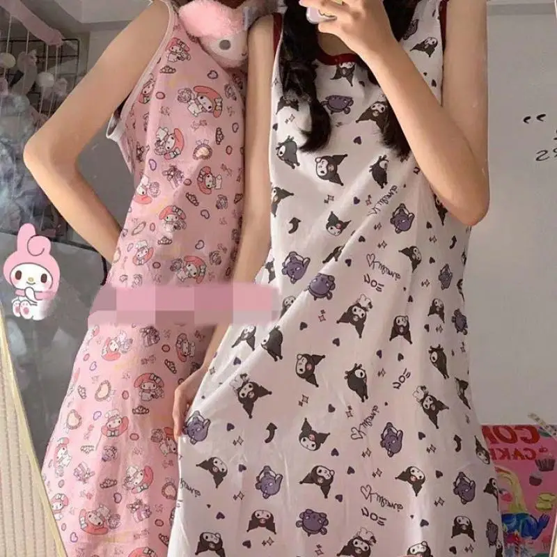 

New Kuromi Melody Sanrio Kawaii Anime Cotton Nightdress Cute Cartoon Girl Heart Thin Skirt Pajamas Sweet Couple Gift Girls Toys