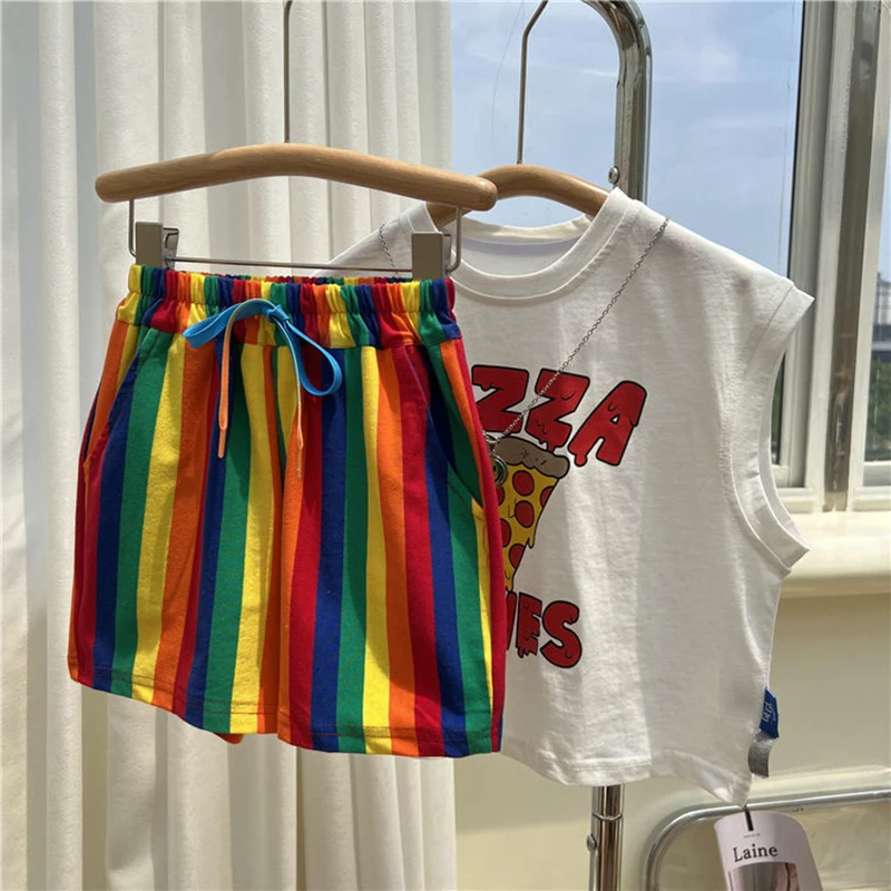 

Baby Girl Clothes 2023 New Children Spring Summer Set For Kids Sleeveless Vest + Shorts Sets 0-6 Years Old Printed Two Pieces