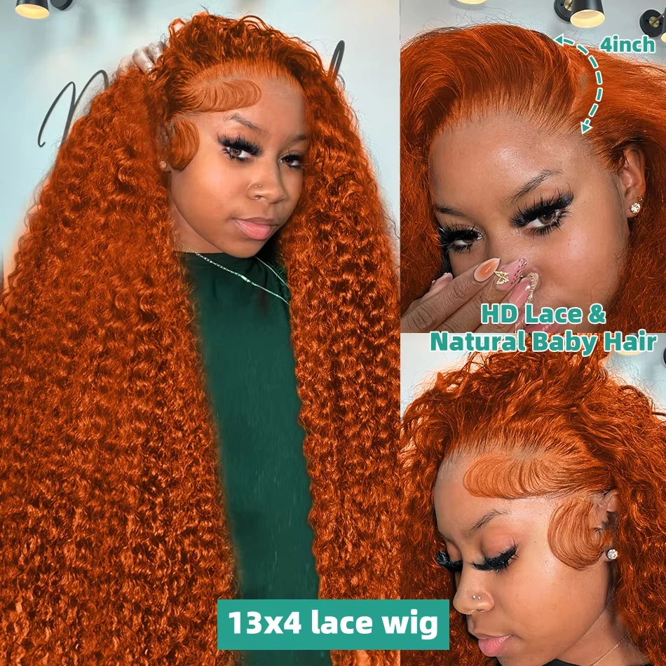Orange colored Water wave 13x6 hd lace frontal human hair wig Preplucked deep wave 30 inch ginger lace front curly wigs on sale 4