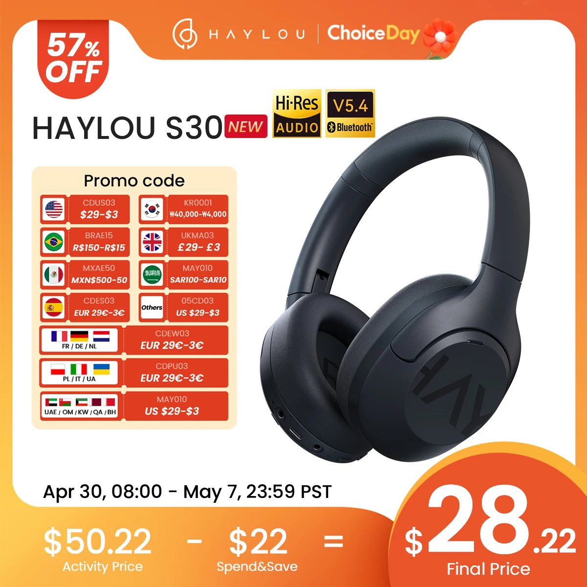 

HAYLOU S30 Wireless Bluetooth 5.4 Headphones 43dB Adaptive Noise Cancelling Headsets 40mm Driver 80H Playtime Earphones