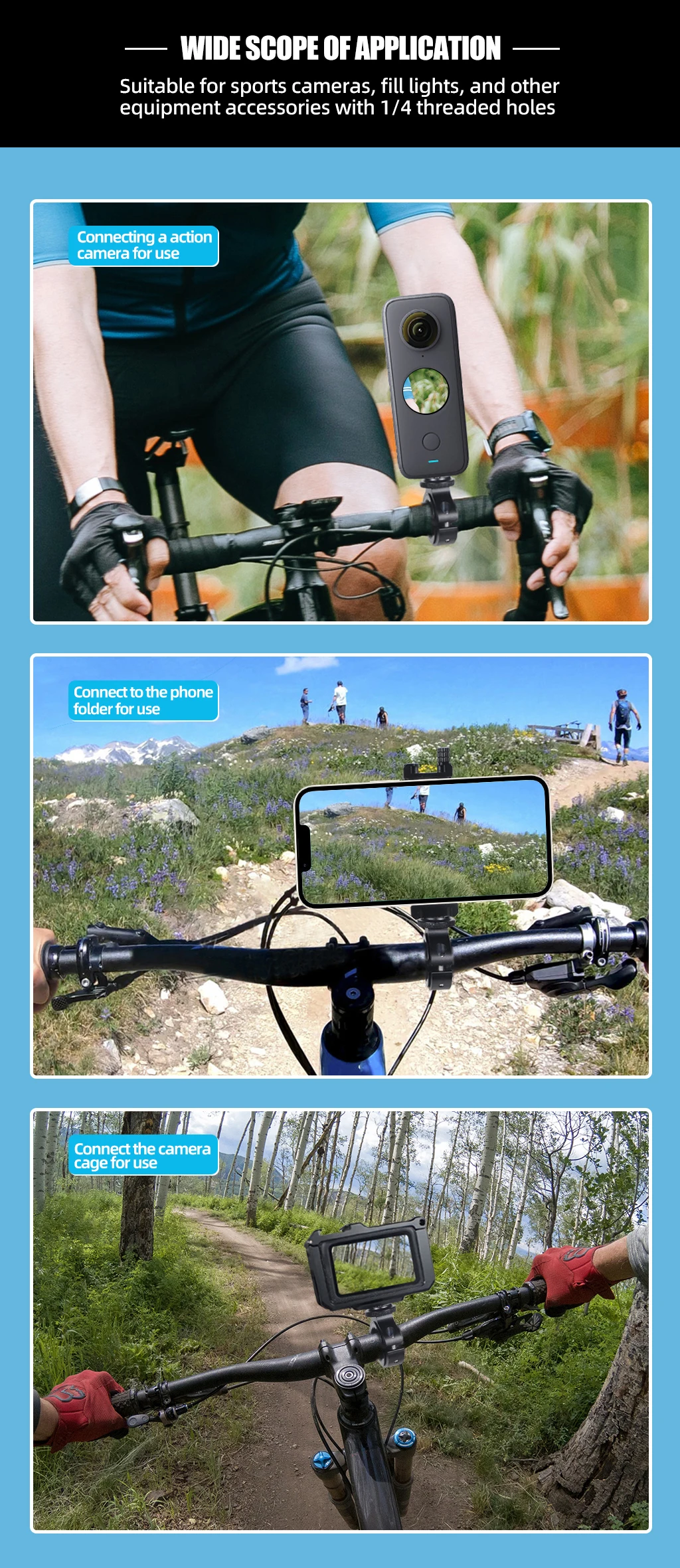 Aluminum Alloy Bike Bicycle Handlebar Mount for GoPro Hero13 10 9 8 7 1/4 Screws